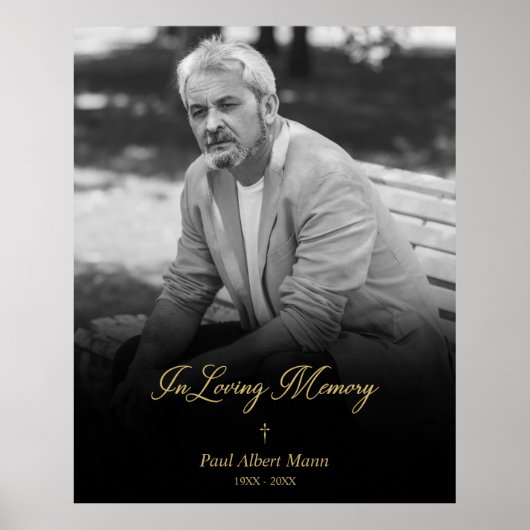 Golden in Loing Memory BW Photo Funeral Service Poster (Voorkant)