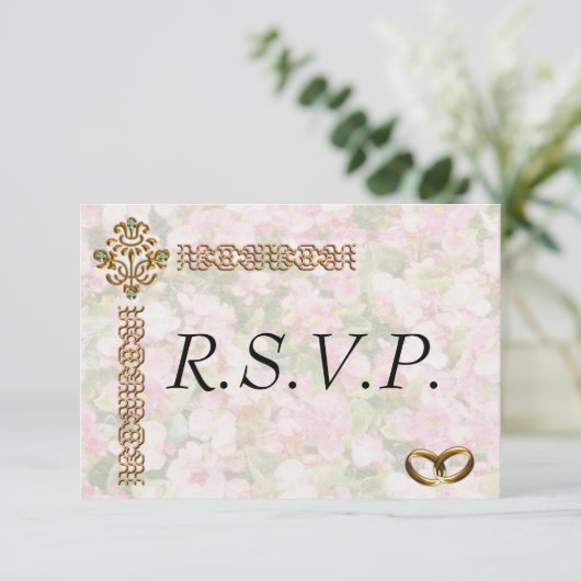 Golden Jeweled Floral Wedding RSVP Kaartje (Staand voorkant)