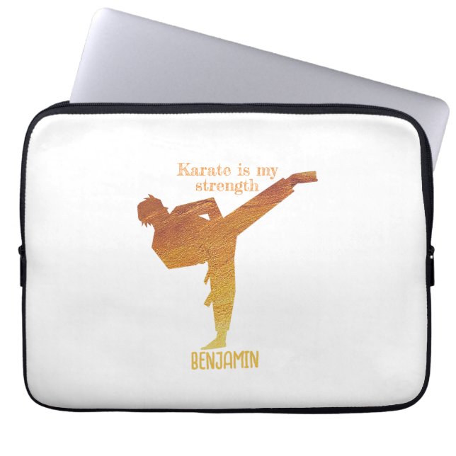 Golden Karate Figuur Modern Typografie Laptop Sleeve (Voorkant)