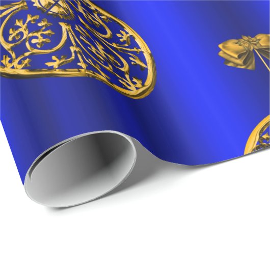 Golden Kerstmis Baubles op blauw Cadeaupapier (Rol Hoek)