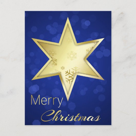 Golden kerstster Blue Bokeh Holiday Briefkaart (Voorkant)