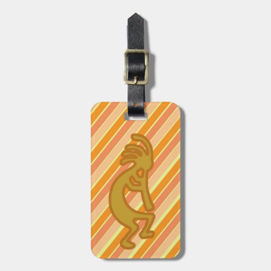 Golden Kokopelli-symbool met flute Oranje strepen Bagagelabel (Voorkant verticaal)