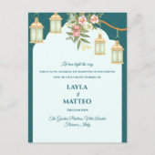 Golden Lantern Floral Teal Blue Wedding Aankondigingskaart (Voorkant)