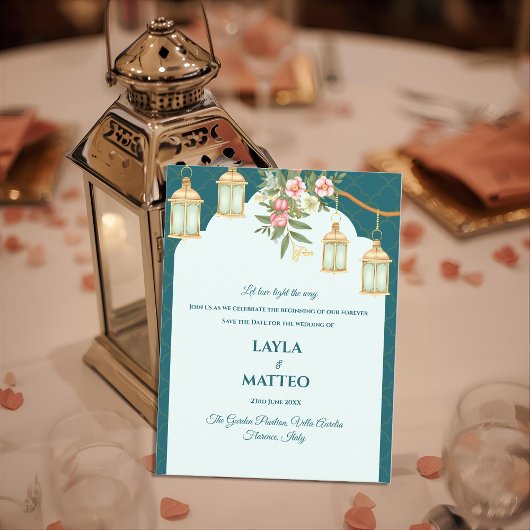 Golden Lantern Floral Teal Blue Wedding Aankondigingskaart