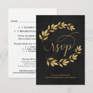 Golden Laurel Leaves op Black Elegant Wedding RSVP Kaartje