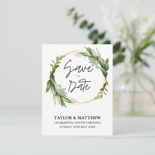 Golden Leaf Greenery Elegante bruiloft Save The Date (Staand voorkant)