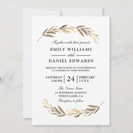 Golden Leaf Modern Elegant Wedding Kaart (Voorkant)