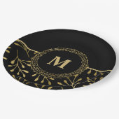Golden Leaf Pattern Black & Gold Elegant Monogram Papieren Bordje (Gekanteld)