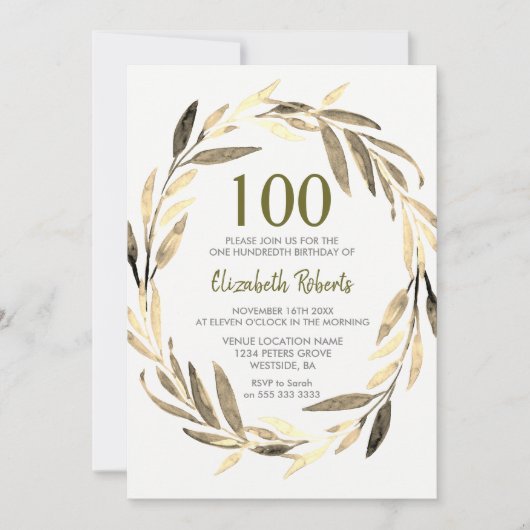 Golden Leaf Wreath 100th Birthday Party Invitation (Devant)