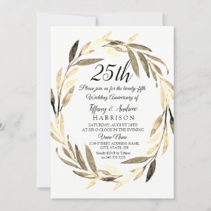 Golden Leaf Wreath 25th Wedding Jubileum Invite Kaart