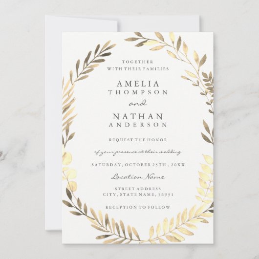 Golden Leaf Wreath Garden Invitation de mariage (Devant)