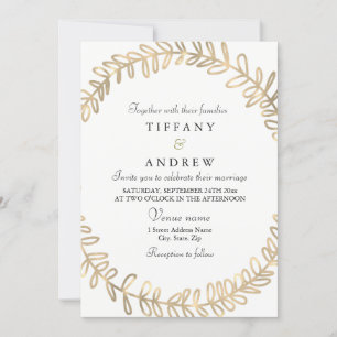 Golden Leaf Wreath Modern Wedding Invitation