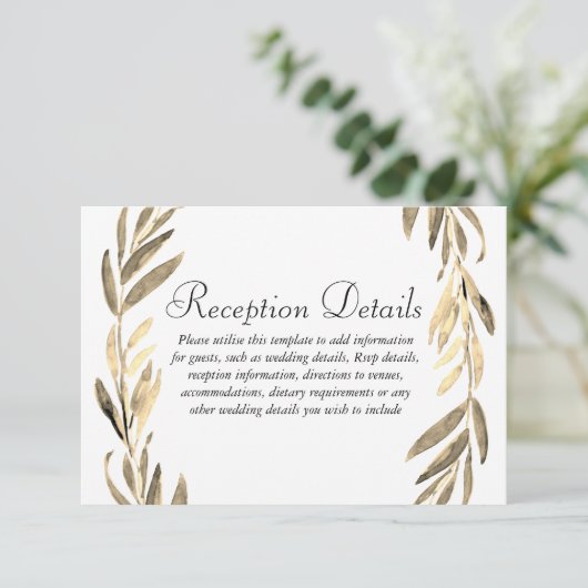 Golden Leaf Wreath Wedding Reception details Informatiekaartje (Staand voorkant)