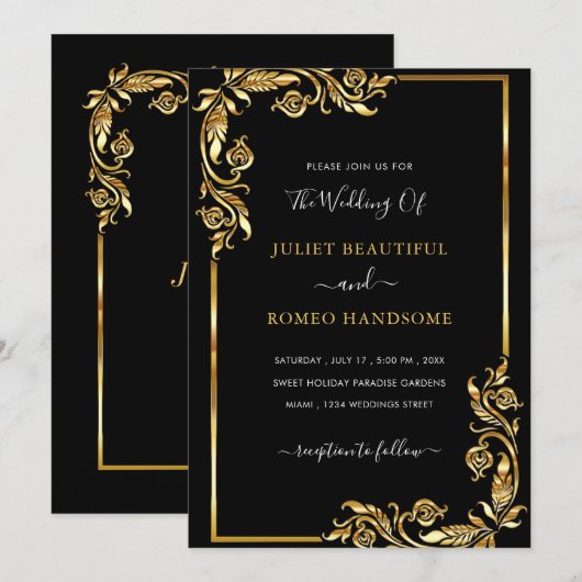 Golden Leaves Framed Black Gold Wedding Invitation (Voorkant / Achterkant)