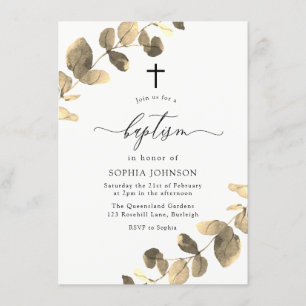 Golden Leaves White Simple Cross Baptisme Kaart