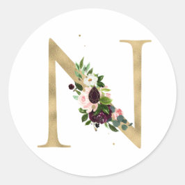 Golden letter MONOGRAMM boho burgundy bloemen Cla Ronde Sticker