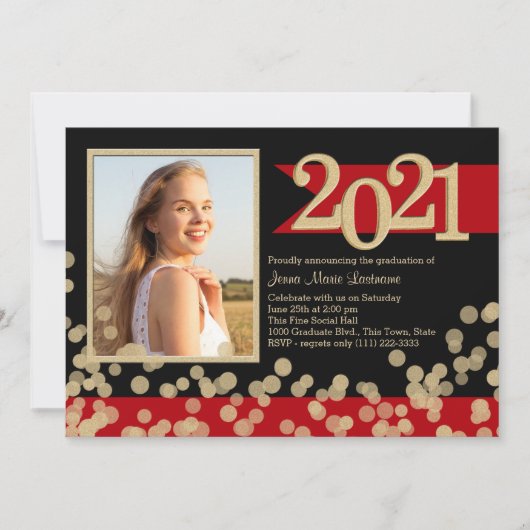 Golden Lights Red and Black Grad Photo Invitation (Devant)