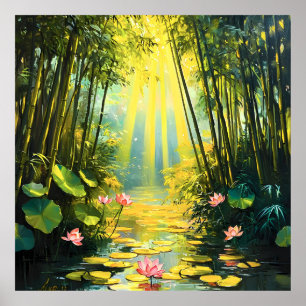 Golden Lotus Bamboo Forest Waterverf Poster