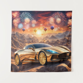 golden luxury car in a desert landscape wandkleed