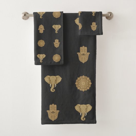 Golden Mandala Elephant Hamsa Hand -Boho Art Print Bad Handdoek (Insitu)