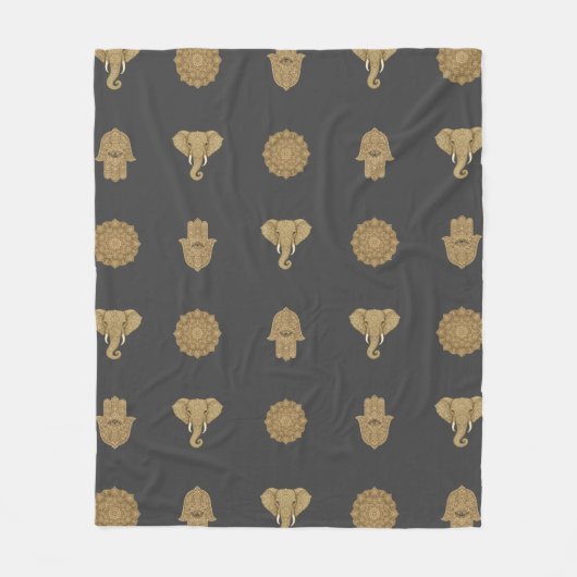Golden Mandala Elephant Hamsa Hand -Boho Art Print Fleece Deken (Voorkant)