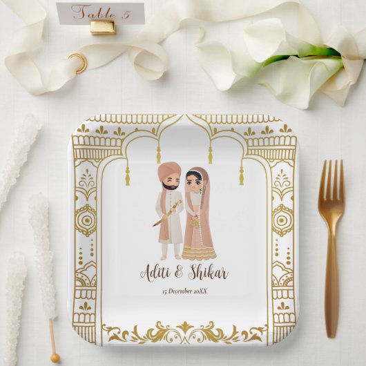 Golden mandap Indiase grens design Square Papieren Bordje (Huwelijk)