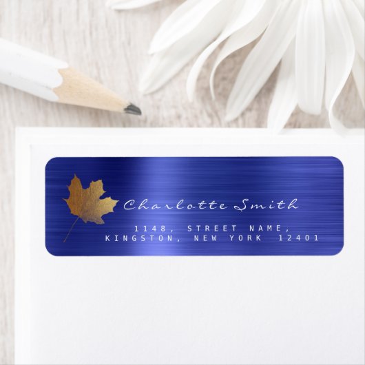 Golden Maple Leaf Cobalt Blue Steel RSVP Labels (Insitu)