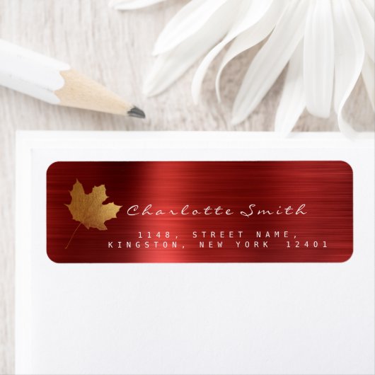 Golden Maple Leaf Ruby Red Steel RSVP Labels (Insitu)