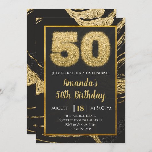 Golden Marble 50th Birthday Invitation (Devant / Derrière)