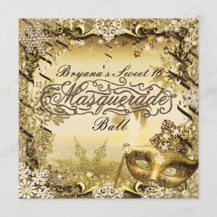 Golden Masquerade Mask & Winter Snowflakes Elegant Kaart