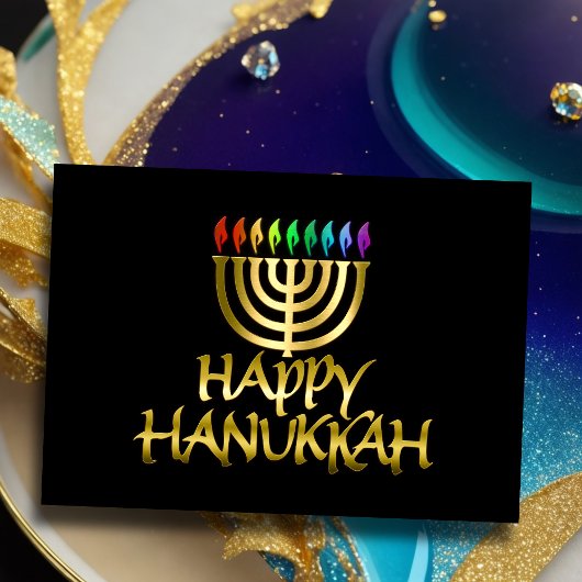 Golden Menorah Rainbow Flames Happy Hanukkah-Kaart Feestdagen Kaart