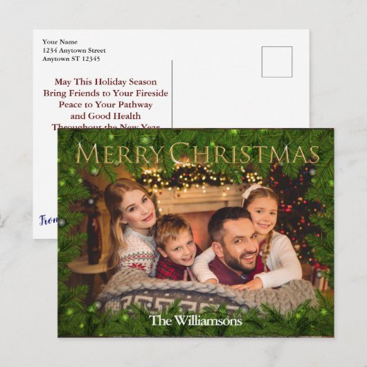 Golden Merry Kerstmis foto van Pine Briefkaart (Voorkant / Achterkant)