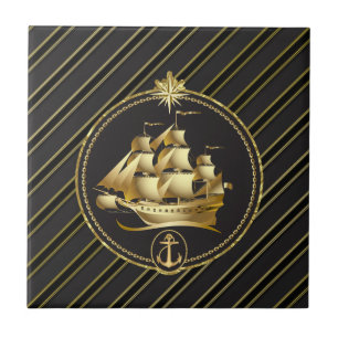 Golden metalen zeilschepen en goudstrips tegeltje