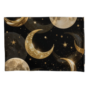 Golden Metallic Moons Patroon, Luxe Celestial Kussensloop
