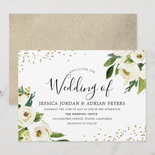 Golden Modern White Floral Wedding Invite Kaart (Voorkant / Achterkant)