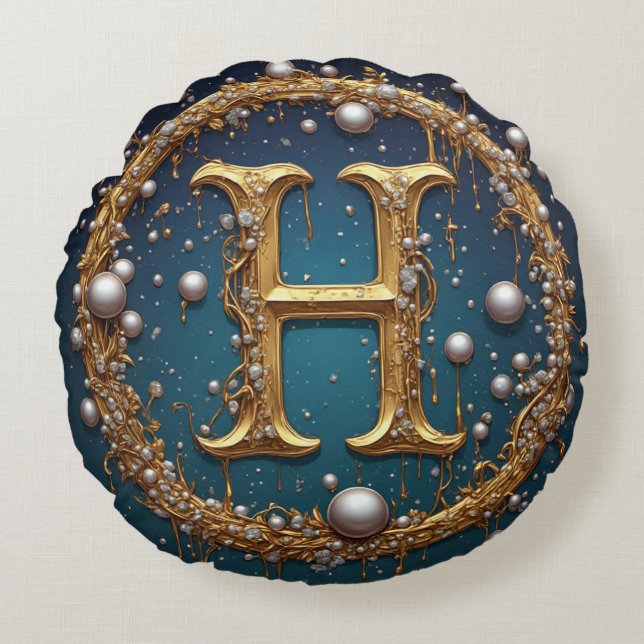 Golden Monogram Initial Letter H Rond Kussen (Voorkant)