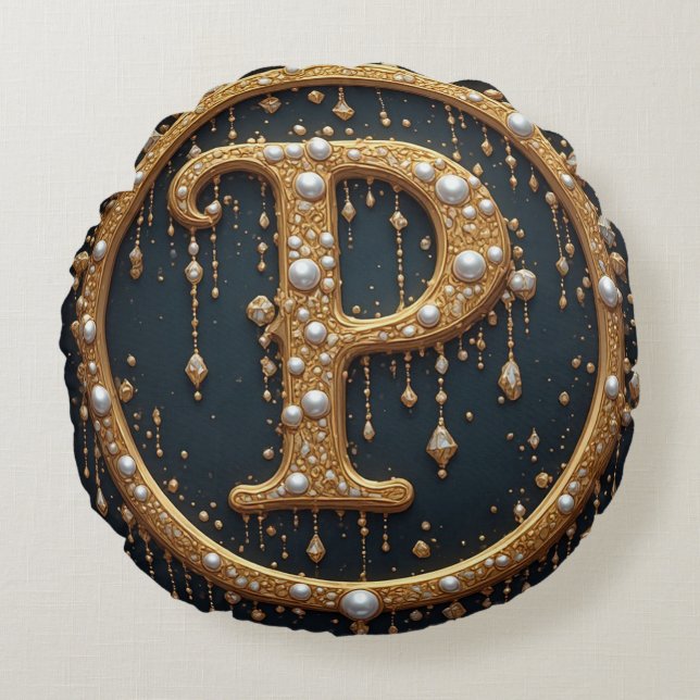 Golden Monogram Initial Letter P Rond Kussen (Voorkant)