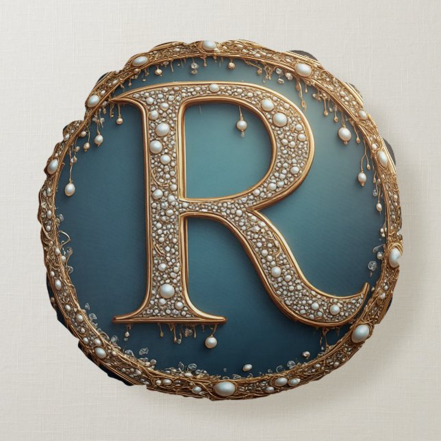 Golden Monogram Initial Letter R Rond Kussen (Voorkant)