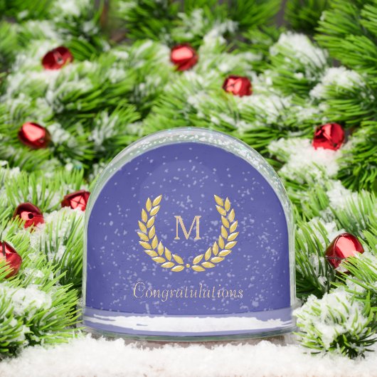 Golden Monogram & Laurel Wreath on Deep Blue Sneeuwbol (Kerstmis)