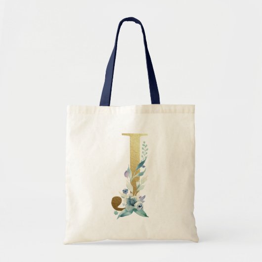 Golden Monogram Letter J Blue Waterverf Flowers Tote Bag (Voorkant)