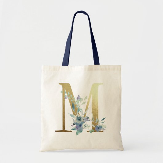 Golden Monogram Letter M Blue Waterverf Flowers Tote Bag (Voorkant)