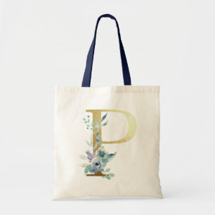 Golden Monogram Letter P Blue Waterverf Flowers Tote Bag