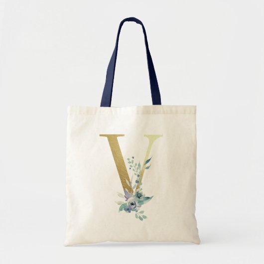 Golden Monogram Letter V Blue Waterverf Flowers Tote Bag (Voorkant)