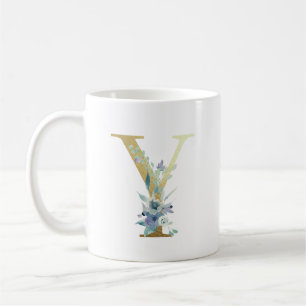 Golden Monogram Letter Y Blue Waterverf Flowers Koffiemok