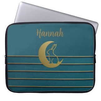 Golden Moon & Bunny op Blauwgroen Laptop Sleeve