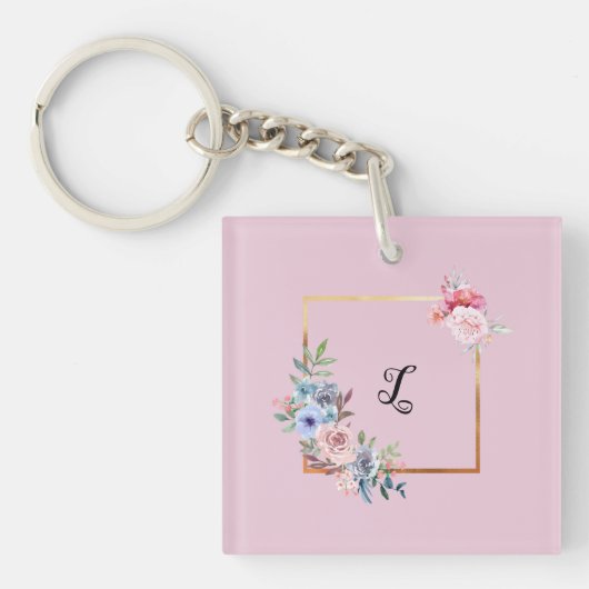 Golden Multicolored Flowers Monogram Tekst Sleutelhanger (voorkant)