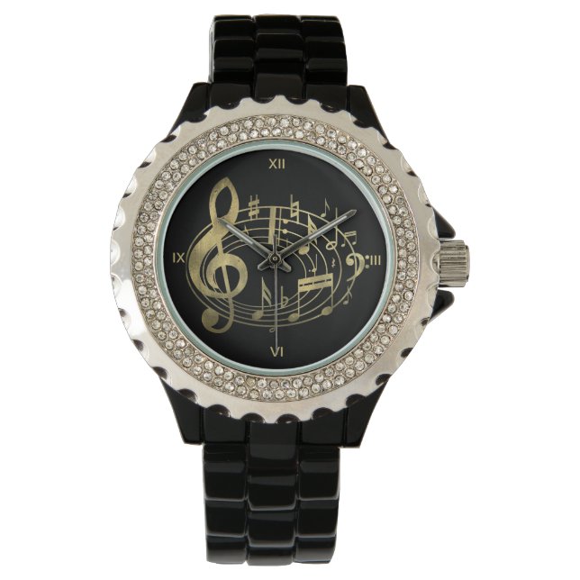Golden Musical Notes in Oval Shape Horloge (Voorkant)