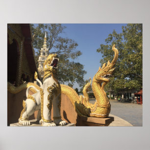 Golden Naga en White Dog ~ Chiang Mai, Thailand Poster