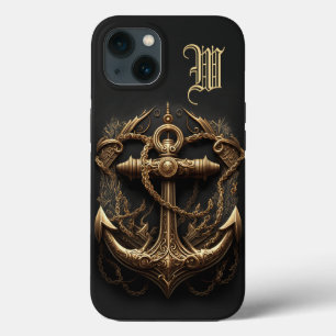 Golden Nautical Anchor Monogram iPhone 13 Hoesje
