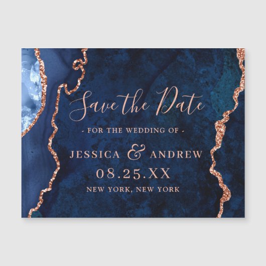 Golden Navy Blue Agate Save the Date Magnetic Card (Voorkant)